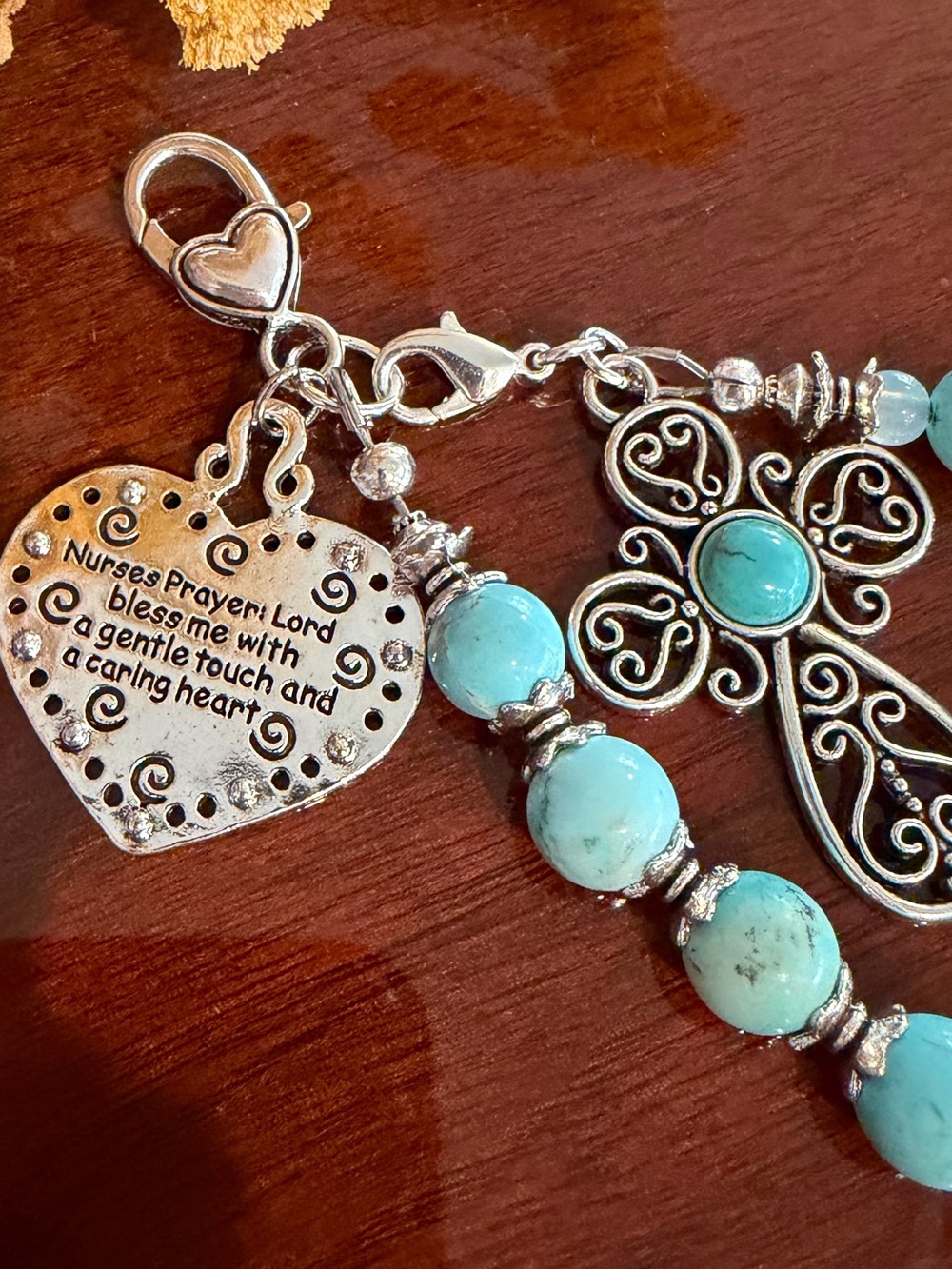 NEW Silver/Turquoise Cross and NURSE Heart Charm Handbag/Keychain Accessory